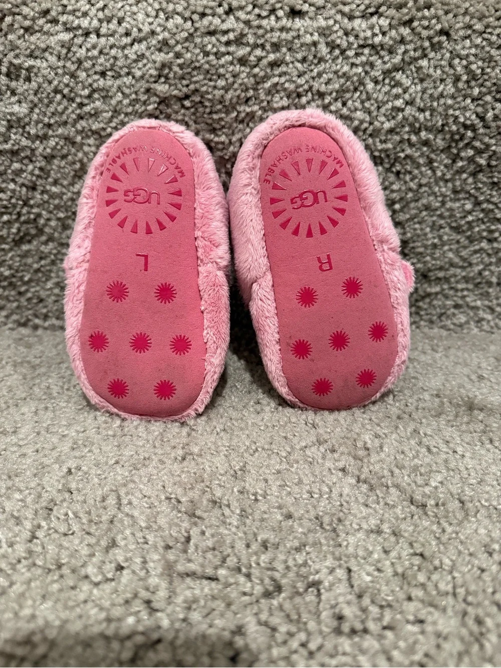 UGG Pink Fuzzy Baby Slippers with Hook Strap